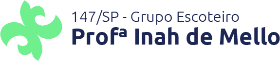 Marca horizontal: flor de lis verde e o texto 147/SP – Grupo Escoteiro Profª Inah de Mello em azul