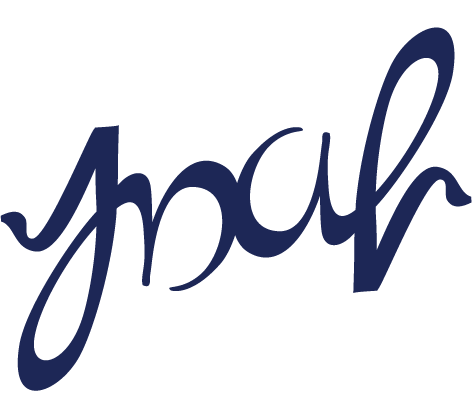 Símbolo com flor branca e lettering azul sobre verde